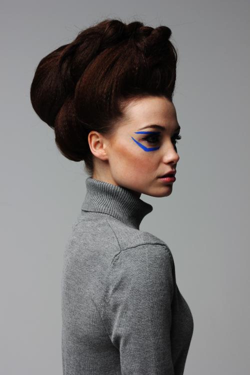vintage brunette beehive retro modern futuristic sleek smooth updo vibrant geometric makeup