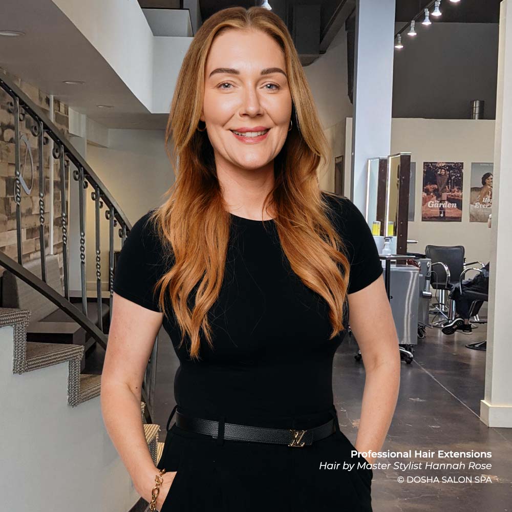 Dosha Salon Spa guest showing natural-looking VoMor™ hair extensions after a professional salon application.