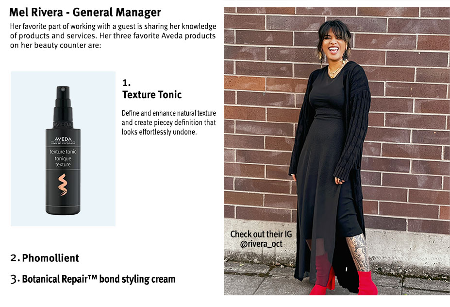 Image of Dosha General Manager, Mel's, favorite Aveda products.