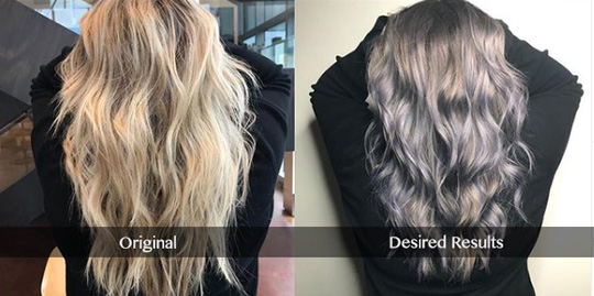 Before and after style color transformation at Dosha Salon Spa.