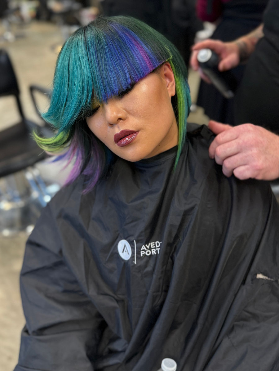 image of a precision hair cut with angles and color to mimic crater lake