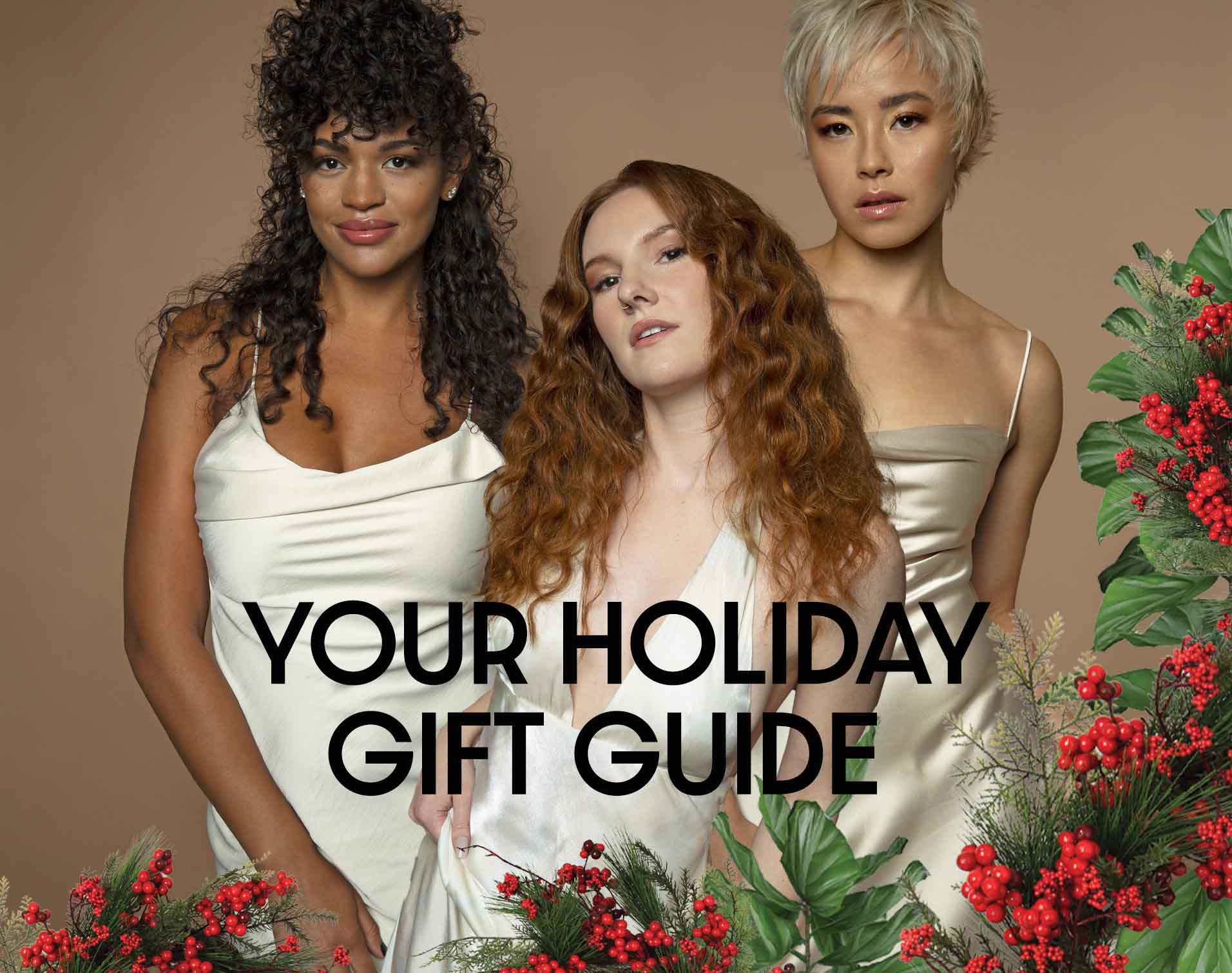 Image of three dosha models from our creative team. Our holiday gift guide images show One showing a makeover hair style, the second with a short blonde hair loving their blonde revival  and the third is for the person who never treats themselves