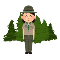 Cartoon image of a forest educator in front of a tree