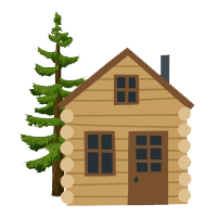Cartoon image of a log cabin school house with a pine tree.