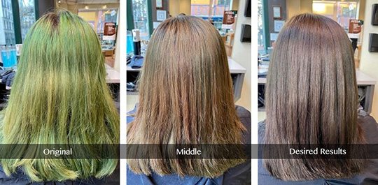 Color correction service at Dosha Salon Spa performed to adjust uneven or unwanted hair tones.