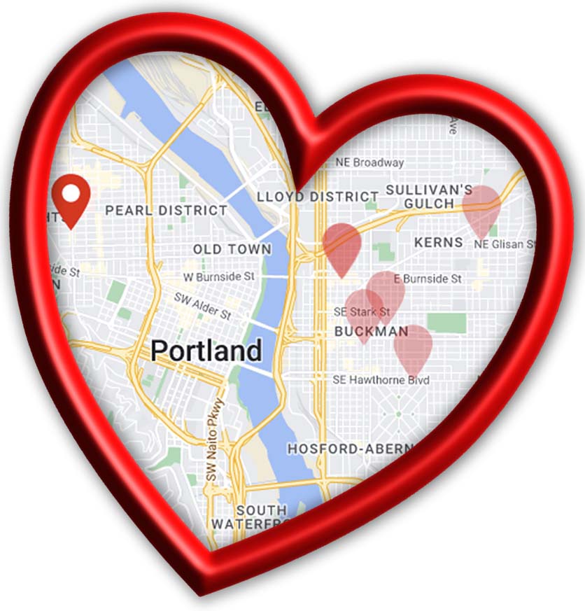 image of a heart shaped map of portland with eatery locations