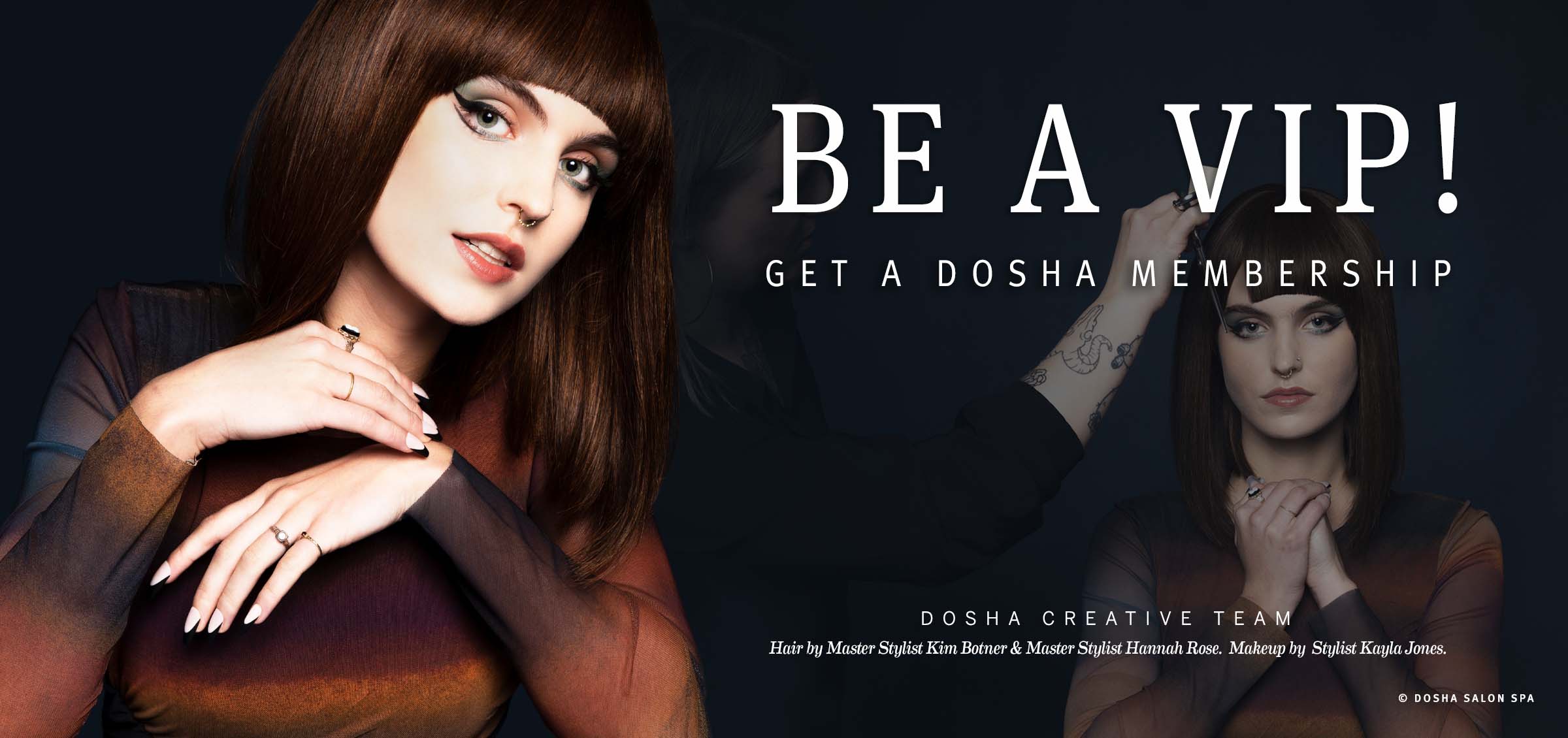 image of a dosha master stylist Hannah Rose styling a models hair