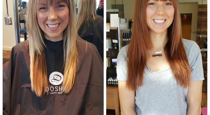 Blonde to red haircolor, before & after, dosha