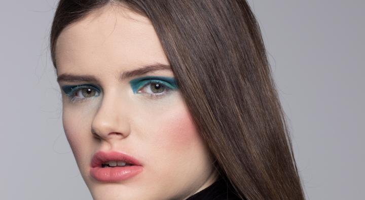 geometic, rouge, red lipstick, blue, green, turquoise eye shadow, brunette