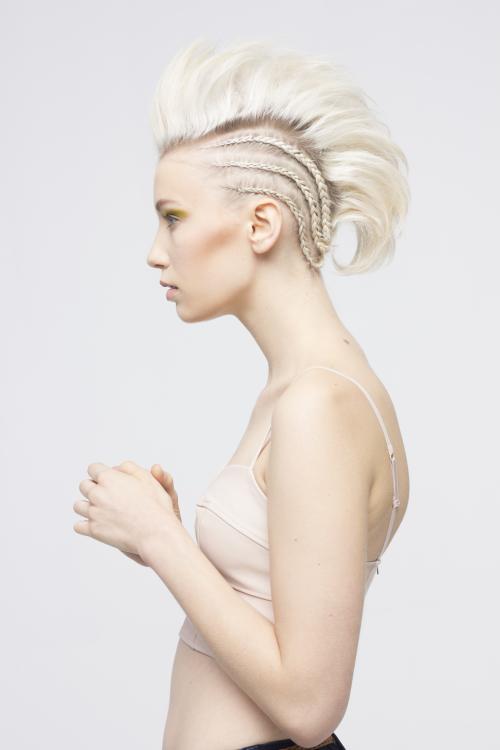 Hair and Makeup by Dosha Creative Team updo blonde mohawk fauxhawk braid cornrow yellow makeup