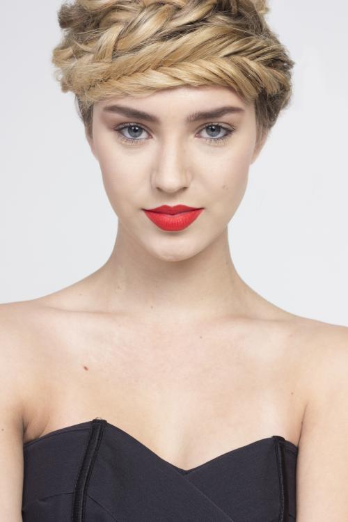 Hair and Makeup by Dosha Creative Team braid crown red lip lipstick updo blonde milkmaid braid