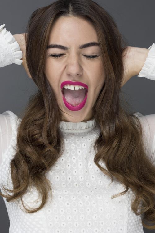 curls brunette waves red lipstick casual street style photo shoot yelling screaming