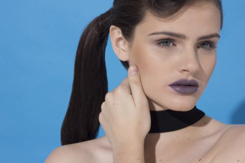 ponytail purple lipstick choker volume updo