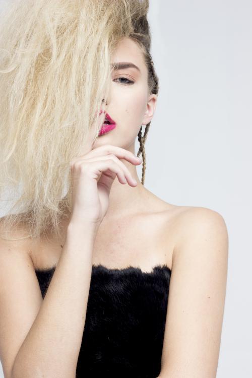 Hair and Makeup by Dosha Creative Team updo blonde mohawk fauxhawk braid cornrow pink lipstick tangled messy