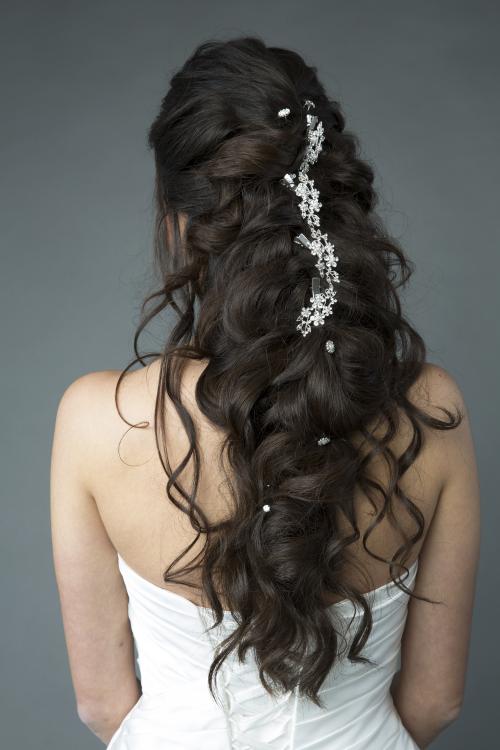 bridal updo curls veil half up half down dark hair jewels accessories long hair