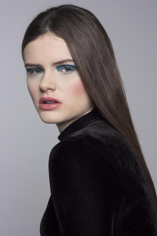 sleek brunette straight hair blue eye shadow makeup