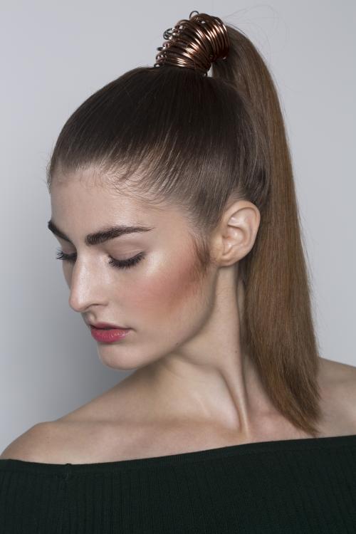 sleek ponytail pony metal accessories smooth high ponytail straight brunette dosha dosha creative team aveda