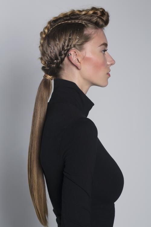 edgy hardware pony ponytail braid updo accessories pins hairstyle aveda dosha salon spa dosha creative team french braid