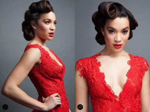 Red dress retro hairstyle stephanie D'Courture Gown