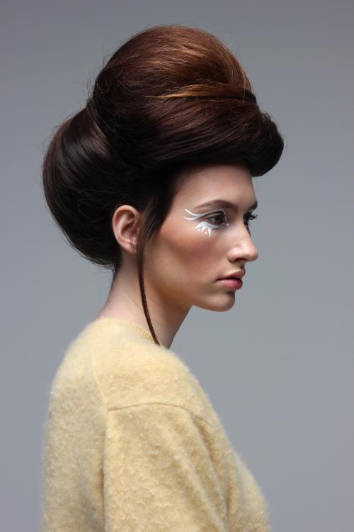 vintage brunette beehive retro modern futuristic sleek smooth updo vibrant geometric makeup